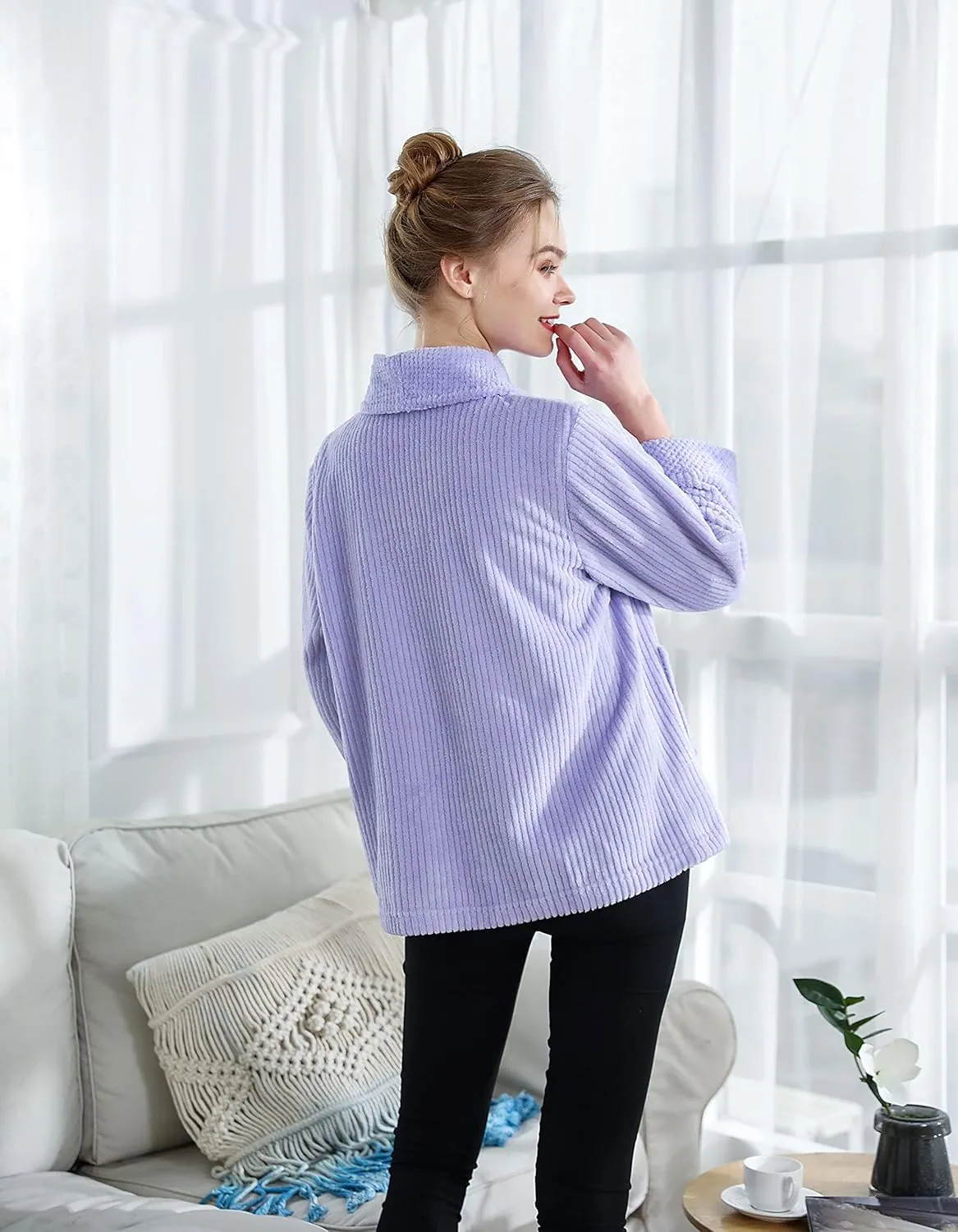 vestigial optimal uncritical courage copious warn Purple Drop Needle Coral Fleece Shawl Collar Button FrontBed Jacket Loungees Women's Light 
