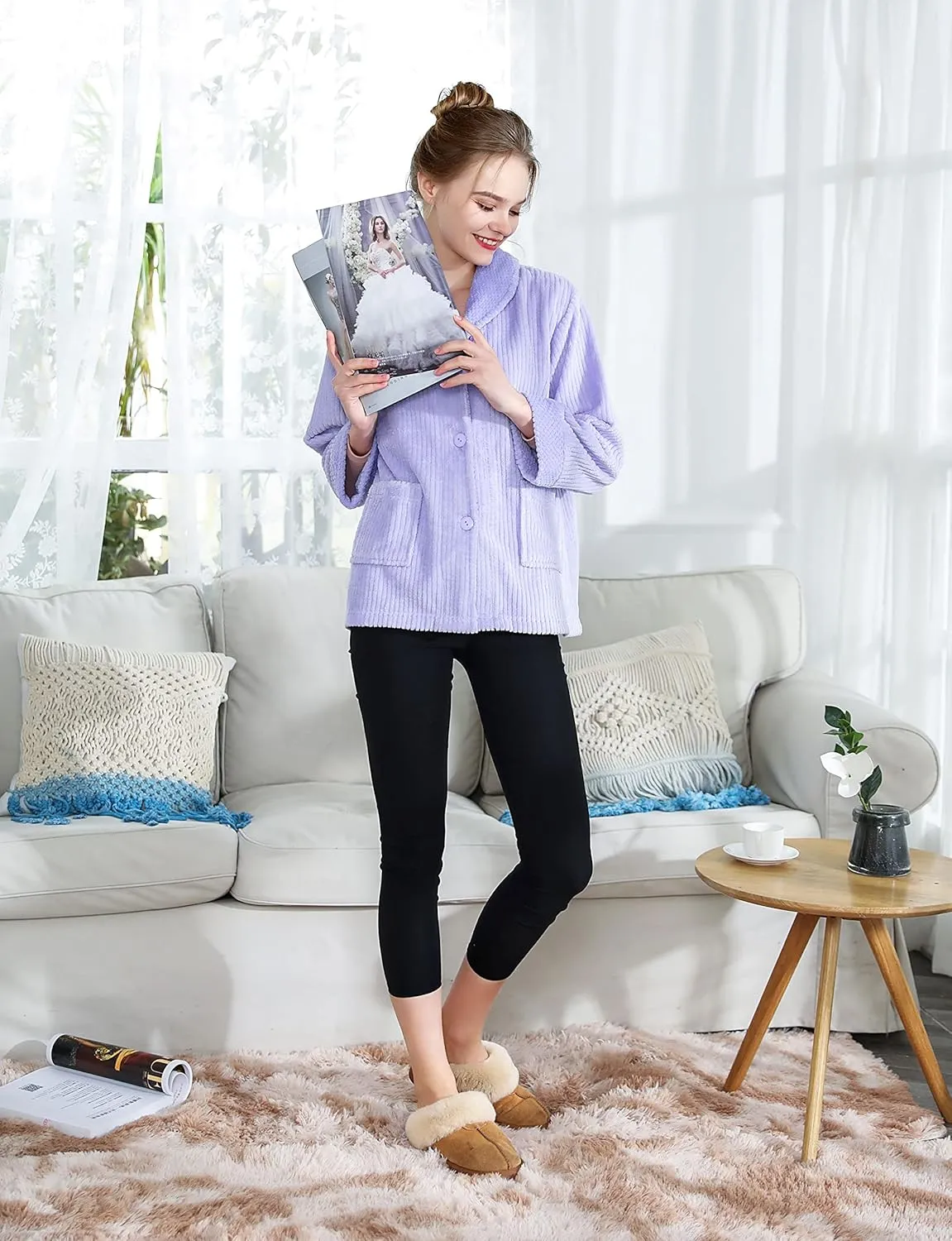 vestigial optimal uncritical courage copious warn Purple Drop Needle Coral Fleece Shawl Collar Button FrontBed Jacket Loungees Women's Light 