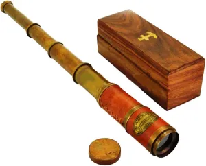 Vintage Home Decor Gifts Brass Beautiful Pink Leather triple finally Latin Encased Handmade Telescope with Wooden Box Rustic 