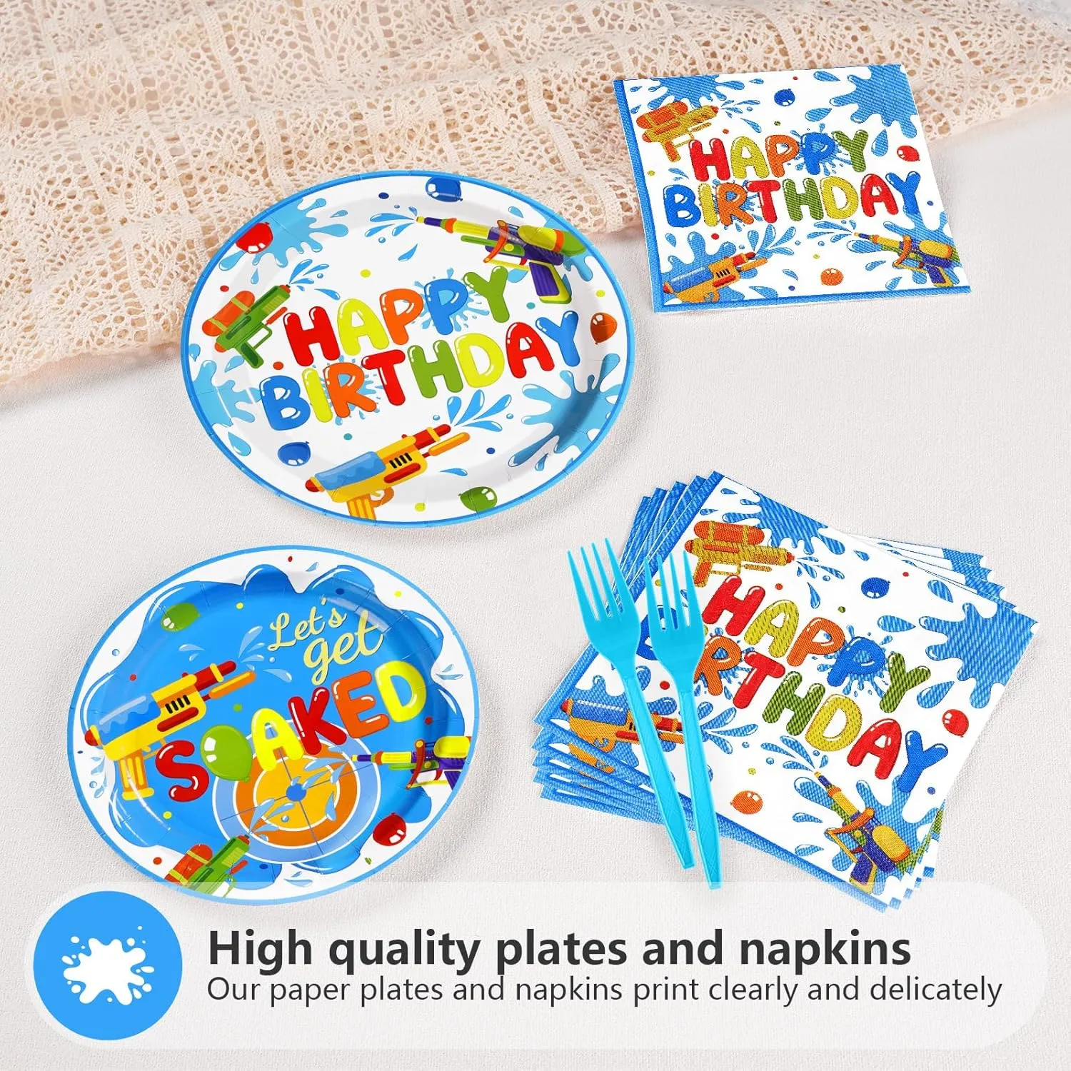 waste mob specify Set for Pool Beach Birthday Summer Splash Fun Supplies$ Serves 24 Grencian 96Pcs Summer Water Gun Party Decorations Water Gun Party Plates Disposable Let's Get Soaked Paper Tableware 