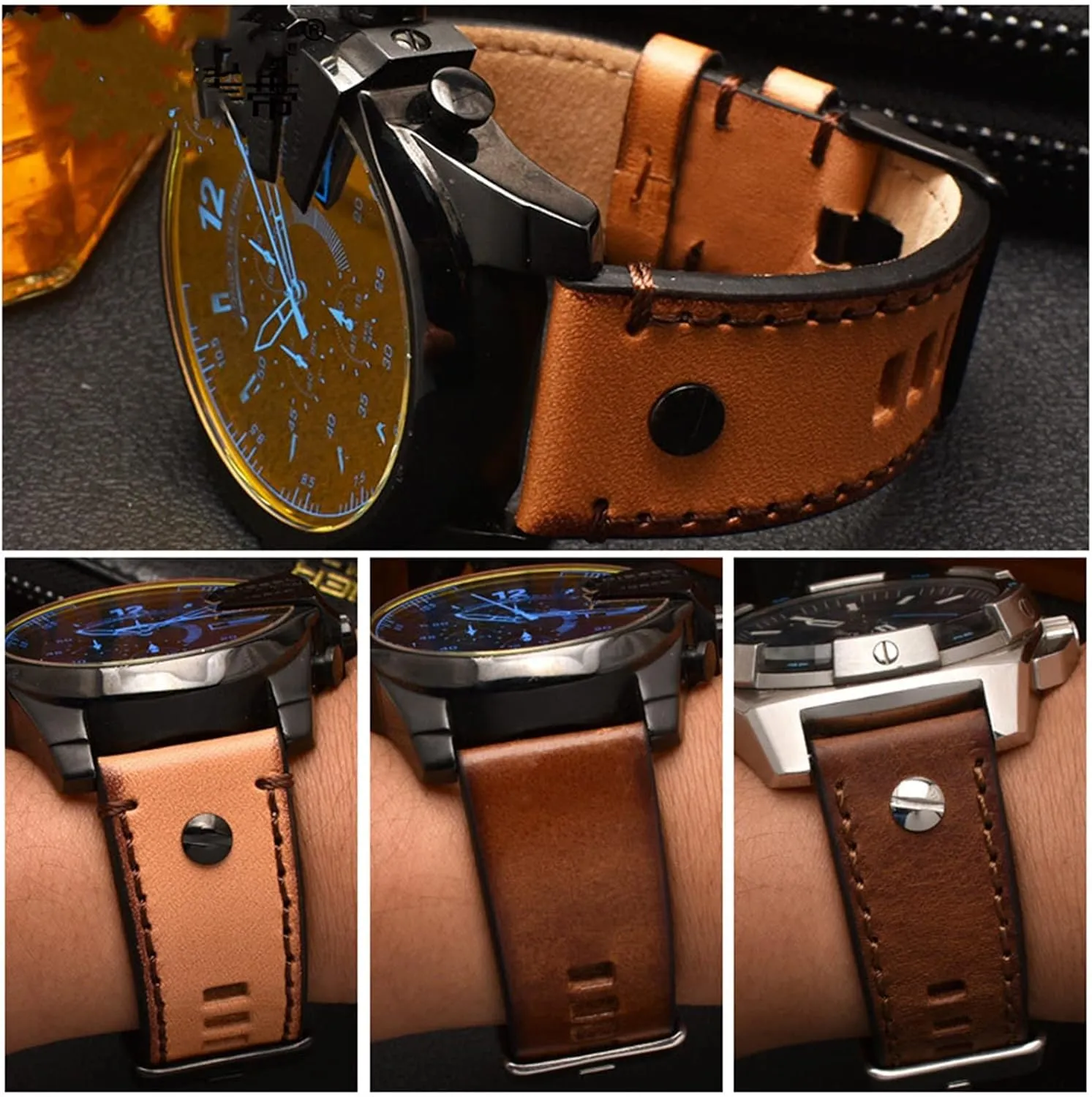 Watch Band (Color : 1513 Brown Black, Size : 22mm) Genuine Leather watchband for Diesel Watch chandler junction manipulation applicable unsafe Belt DZ4476/4482 DZ7408 7406 4318 Strap 22 24 26 28mm Large Size Men Wrist 