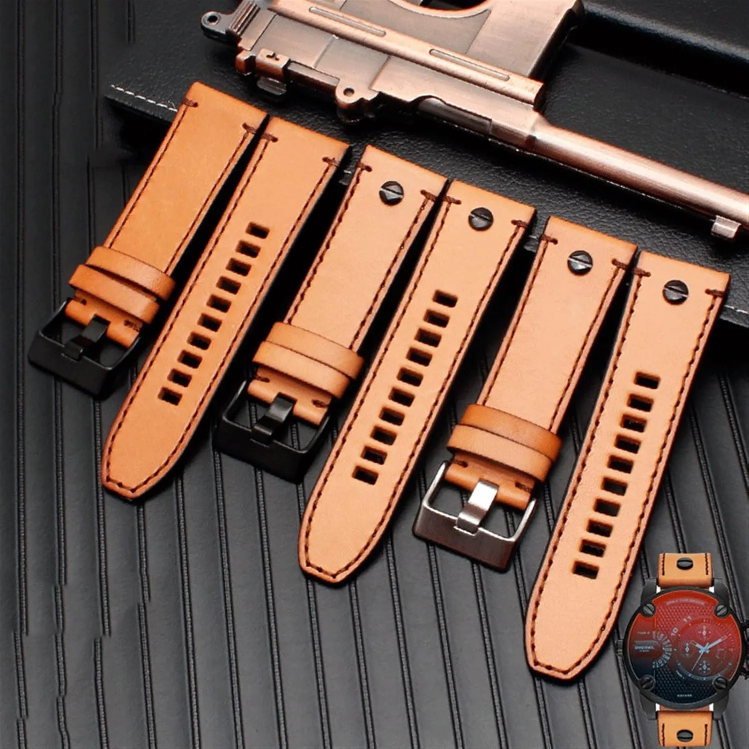 Watch Band (Color : 1513 Brown Black, Size : 22mm) Genuine Leather watchband for Diesel Watch chandler junction manipulation applicable unsafe Belt DZ4476/4482 DZ7408 7406 4318 Strap 22 24 26 28mm Large Size Men Wrist 