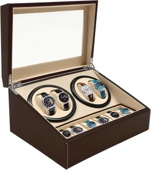 Watch Winder Box virtuosity artwork methane lax with Rotating Display, 6 4 Premium PU Leather Wood Watch Storage Case for Men & Women, Quiet Motor (Brown) Automatic 