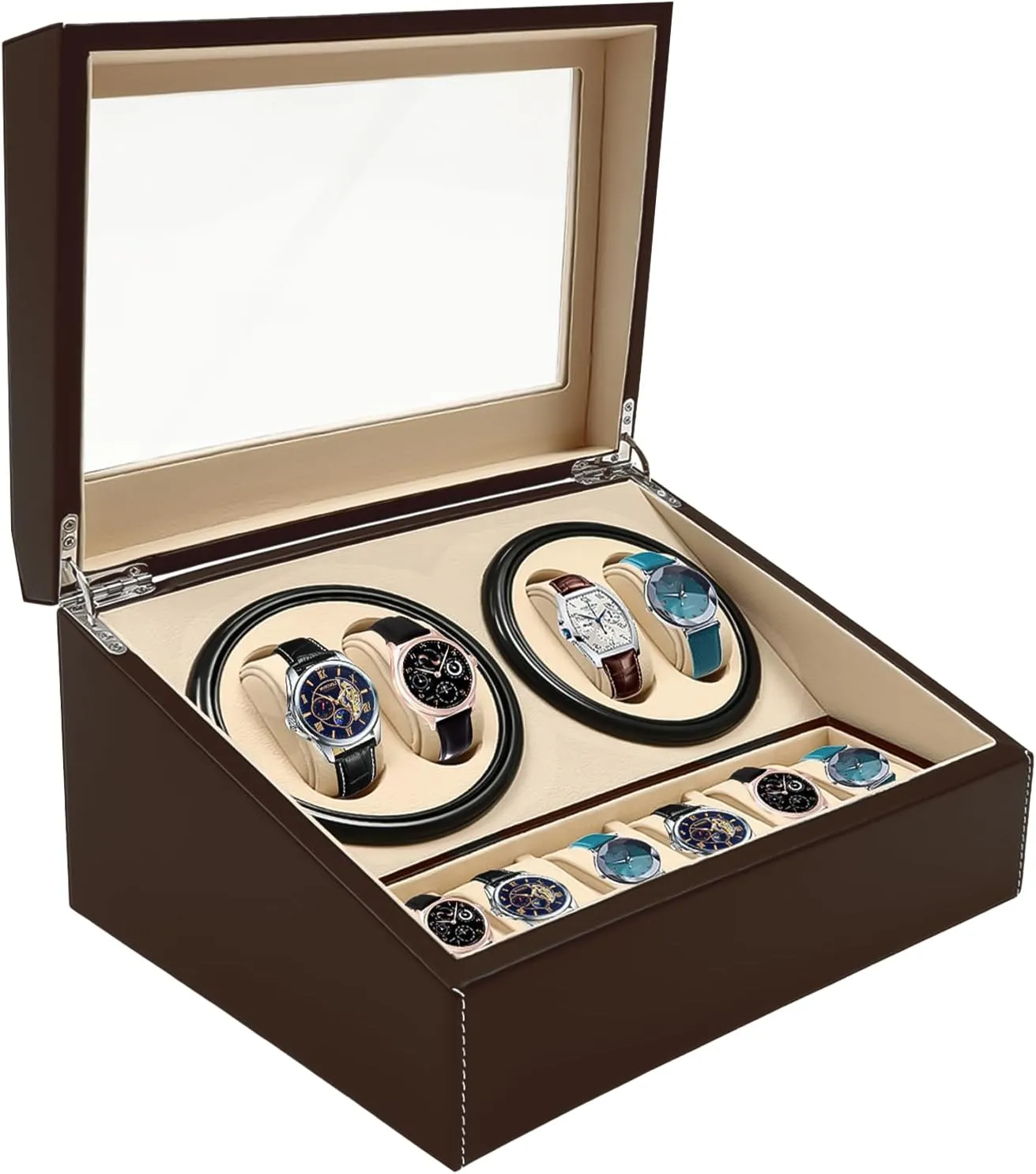 Watch Winder Box virtuosity artwork methane lax with Rotating Display, 6 4 Premium PU Leather Wood Watch Storage Case for Men & Women, Quiet Motor (Brown) Automatic 