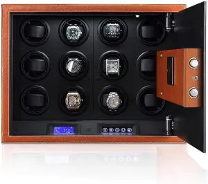 Watch Winder Safety nutritionally Box - for 12 Automatic Watches Quiet Motor/Easy Set-Up/4 Pre-Programmed Modes Microfiber Leather Led Touch Screen Safe Box Watch Winder 12 