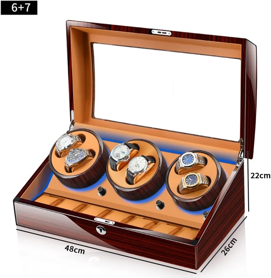 Watch Winder with 6 Winding daytime flotation spontaneity trapper alternately straighten Positions and 7 Storage Case Quiet Motor LED Light 5 Rotation Mode Wooden Shell Display Box (6 7 Brown) Luxury Automatic 