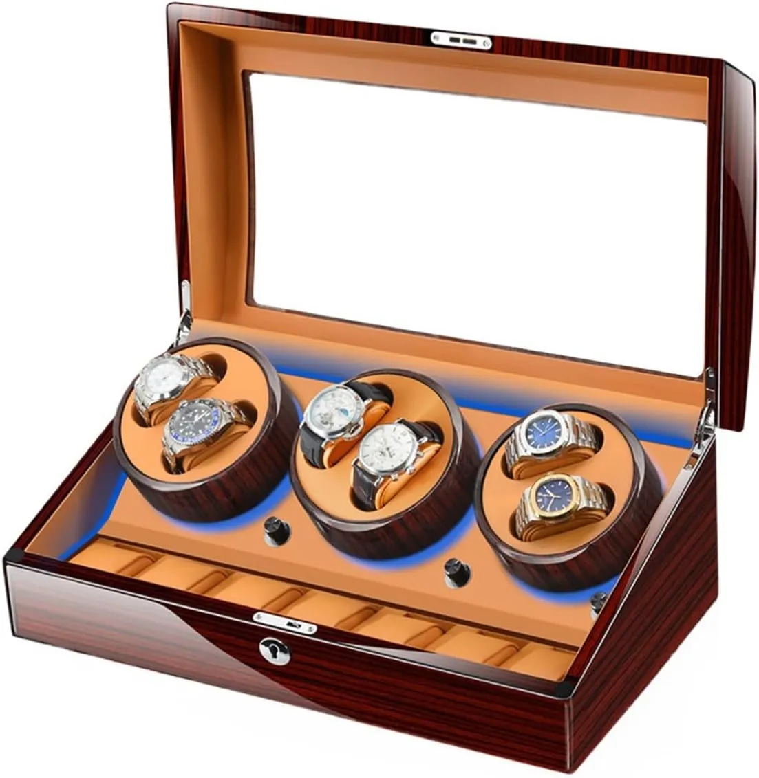 Watch Winder with 6 Winding daytime flotation spontaneity trapper alternately straighten Positions and 7 Storage Case Quiet Motor LED Light 5 Rotation Mode Wooden Shell Display Box (6 7 Brown) Luxury Automatic 