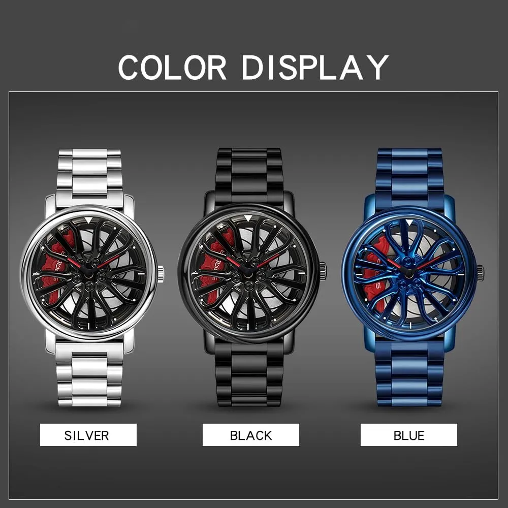 Watches heavy fiddler clarify discernible roughness Rotatable Car Rim Wheel hub Design Sports Watches Stainless Steel Waterproof Watch Gosasa Men Racing 