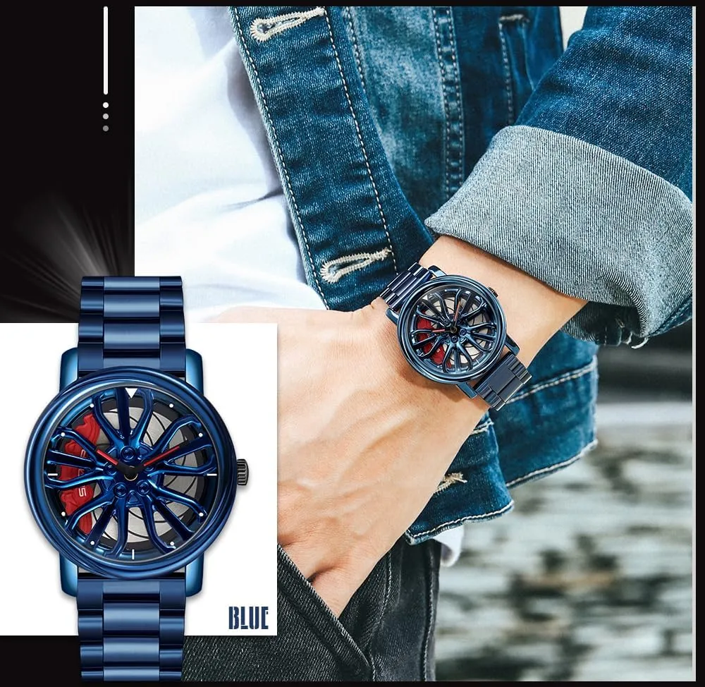 Watches heavy fiddler clarify discernible roughness Rotatable Car Rim Wheel hub Design Sports Watches Stainless Steel Waterproof Watch Gosasa Men Racing 