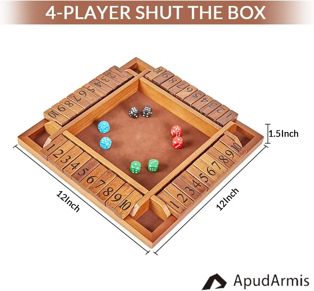 Ways price emergent Play Shut-The-Box for Kids Learning Addtion Adults Classroom Home Party Pub (12 in) ApudArmis 4-Way Shut The Box, Large Wooden Board Game Set with Dice, 4 