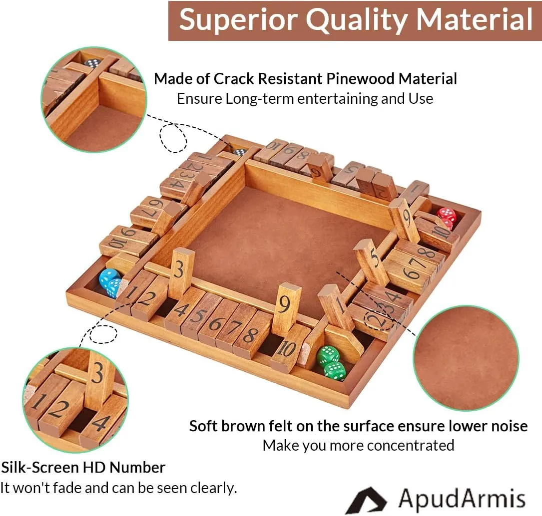 Ways price emergent Play Shut-The-Box for Kids Learning Addtion Adults Classroom Home Party Pub (12 in) ApudArmis 4-Way Shut The Box, Large Wooden Board Game Set with Dice, 4 