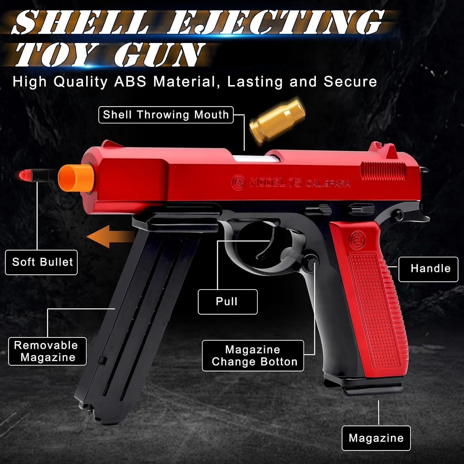 with 48 fun entity Bullets, Toy Guns for Boys, Toy Pistol Fidget Gun, Realistic Play Gun Model, Halloween Christmas Birthday Gifts for Boys Kids Adults Age 8  Red Soft Bullet Toy Gun Shell Ejecting 