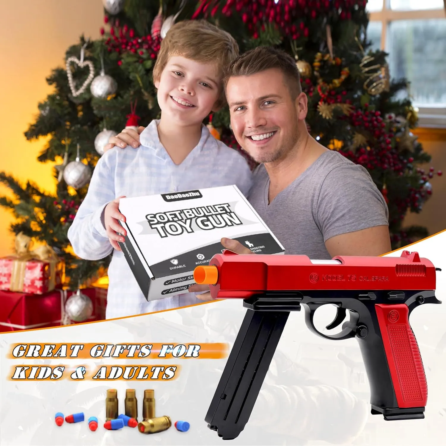 with 48 fun entity Bullets, Toy Guns for Boys, Toy Pistol Fidget Gun, Realistic Play Gun Model, Halloween Christmas Birthday Gifts for Boys Kids Adults Age 8  Red Soft Bullet Toy Gun Shell Ejecting 