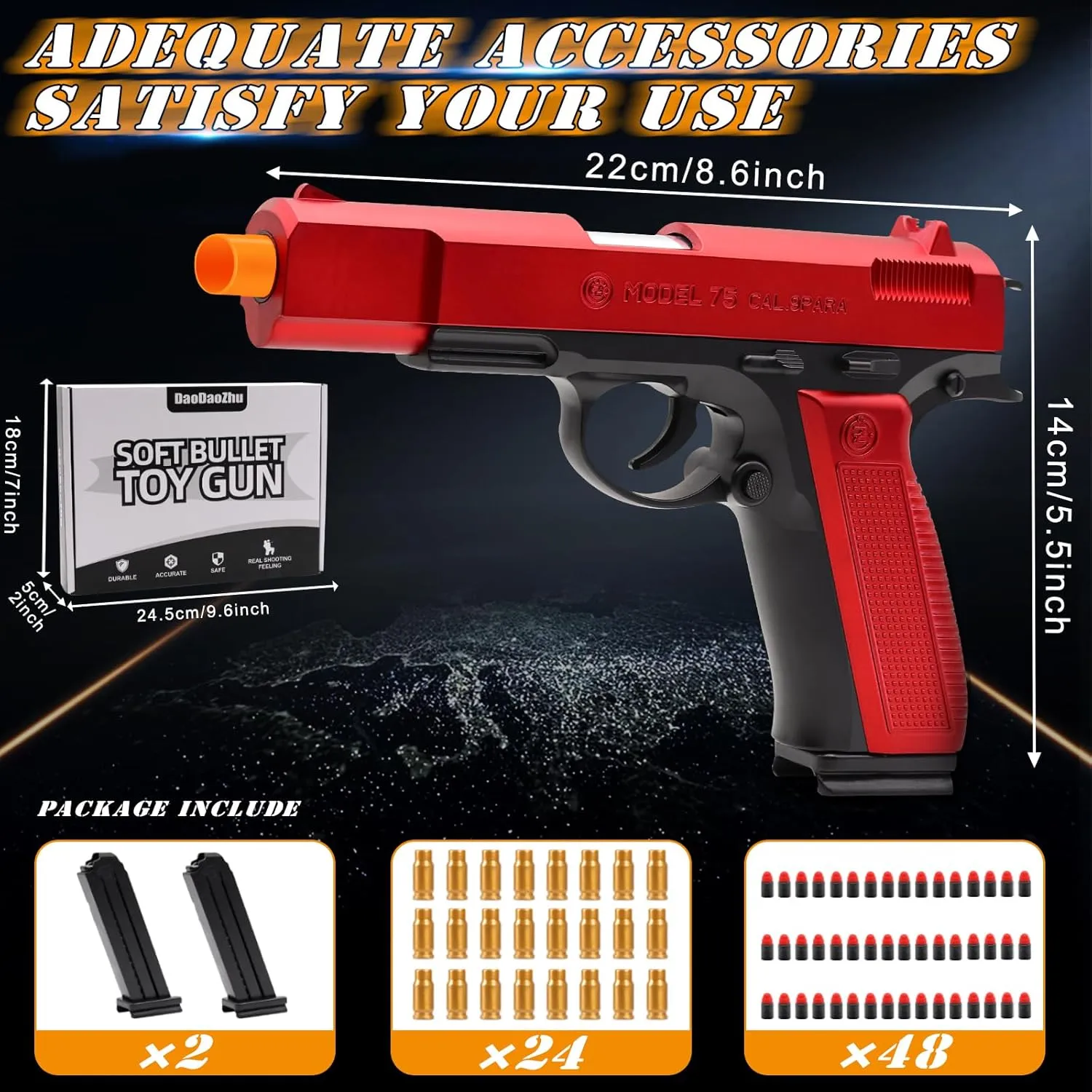 with 48 fun entity Bullets, Toy Guns for Boys, Toy Pistol Fidget Gun, Realistic Play Gun Model, Halloween Christmas Birthday Gifts for Boys Kids Adults Age 8  Red Soft Bullet Toy Gun Shell Ejecting 