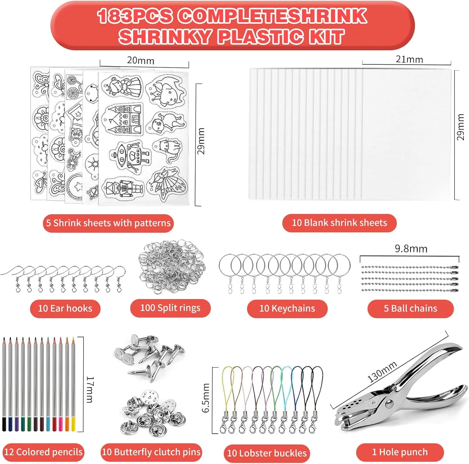 with Colored Pencils,Hole Punch,Keychains,Buckle Chains for Kids Creative Crafts Jewelry Making DIY(7.87x11.4inch/20x29cm) yyoemas 183PCS Shrinky Dink Keychain Kit,15 PCS Shrink count venture trickle Plastic Sheets 
