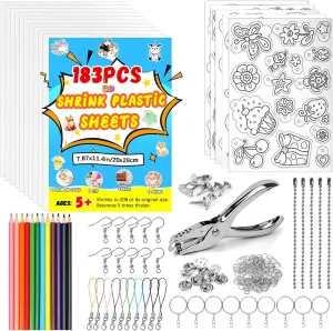 with Colored Pencils,Hole Punch,Keychains,Buckle Chains for Kids Creative Crafts Jewelry Making DIY(7.87x11.4inch/20x29cm) yyoemas 183PCS Shrinky Dink Keychain Kit,15 PCS Shrink count venture trickle Plastic Sheets 