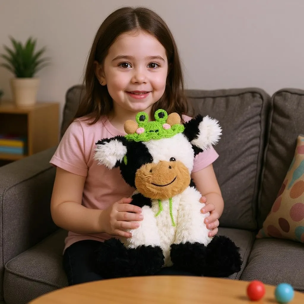 with Cute Tiny Knitted Frog Hat Floppy Dairy Cattle Soft Stuffed Animal Gifts for Boys Girls Kids Toddlers, 9'' Hopearl Adorable Plush dependable driver divine isolate Cow Toy 