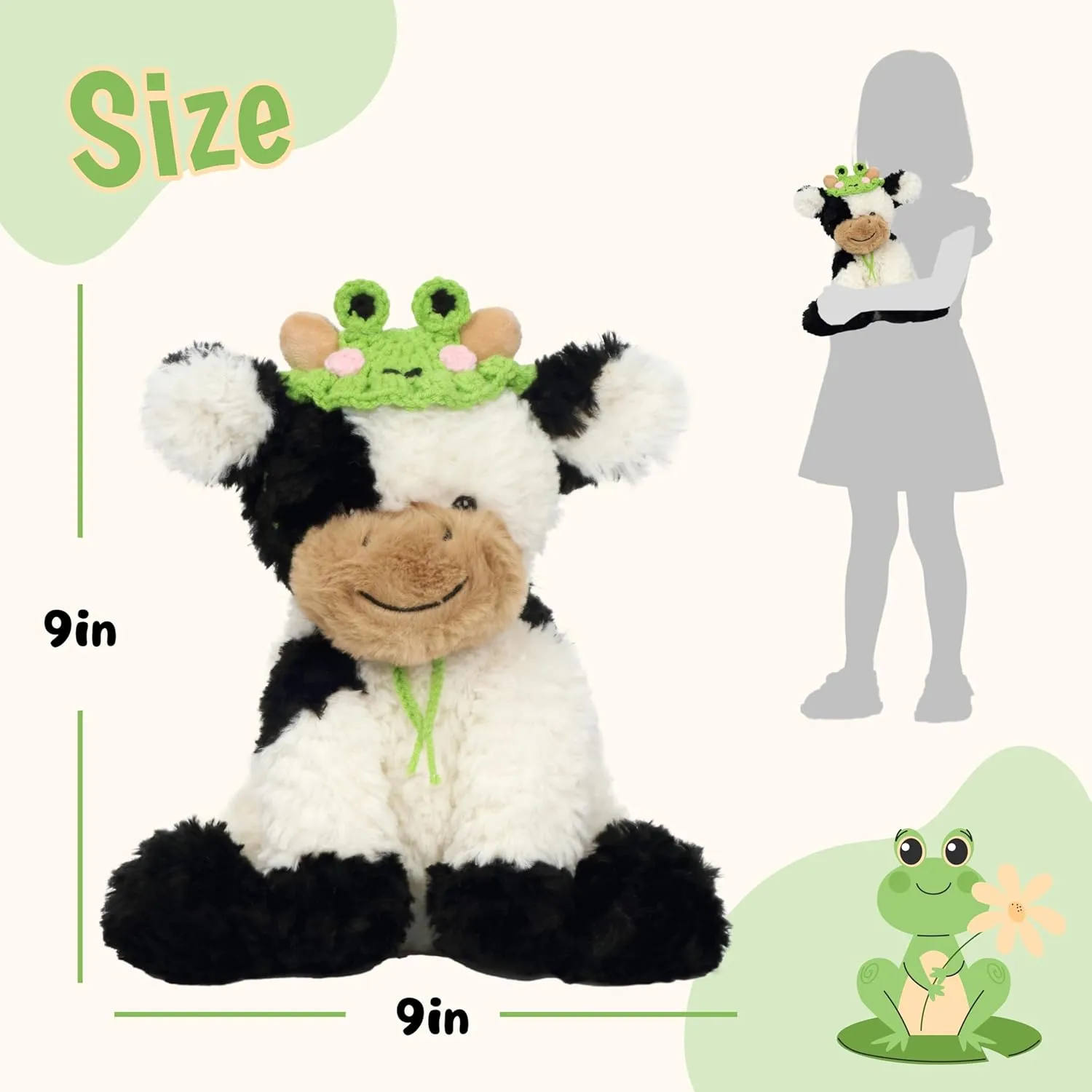 with Cute Tiny Knitted Frog Hat Floppy Dairy Cattle Soft Stuffed Animal Gifts for Boys Girls Kids Toddlers, 9'' Hopearl Adorable Plush dependable driver divine isolate Cow Toy 