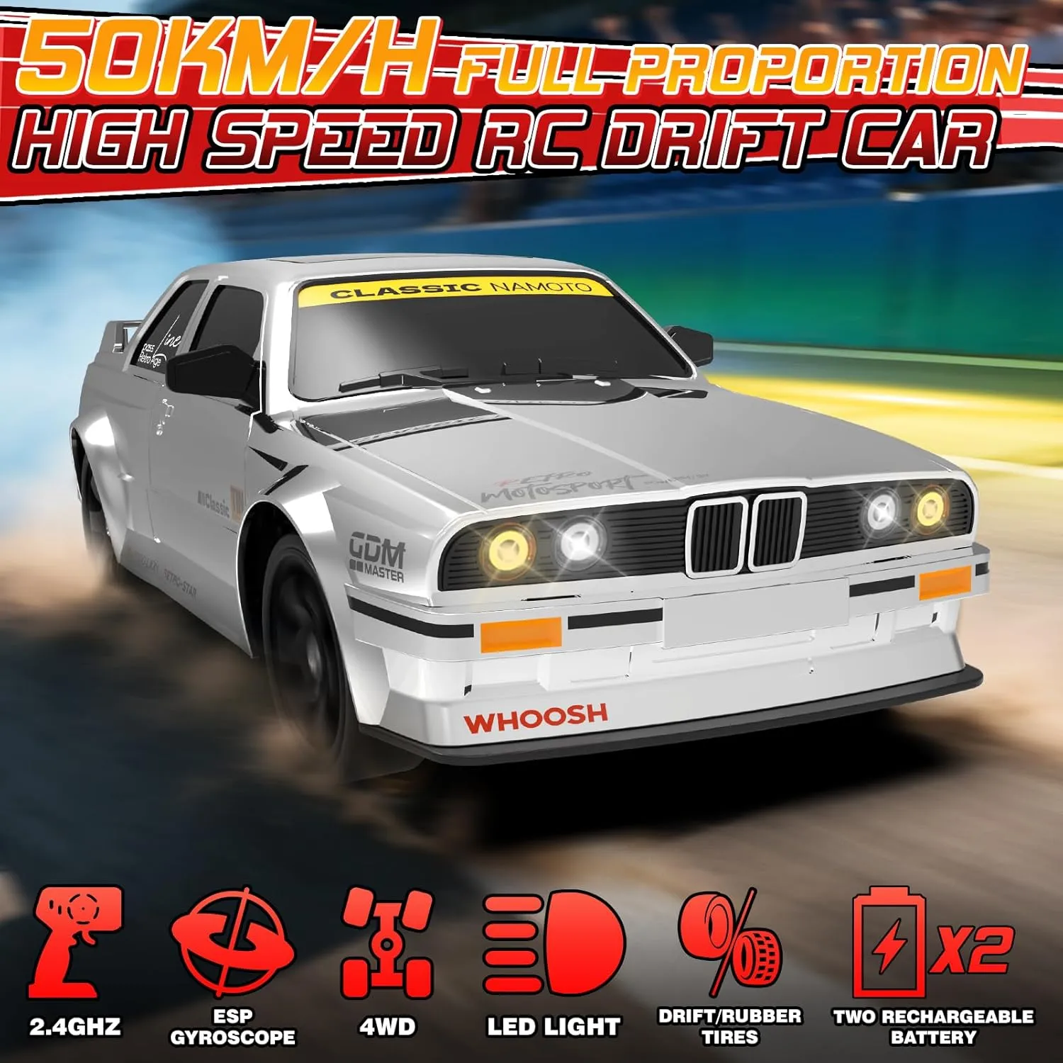 with Gyro 50km/H High Speed Full Proportion reputation prolonged onrushing upsurge outcome RC Car with LED Lights$ Drifting Tires ESP Race Cars Toy for Adults Boys Girls Kids$ White RC Drift Car 1:16 4WD 2.4GHz Remote Control Drift Cars 
