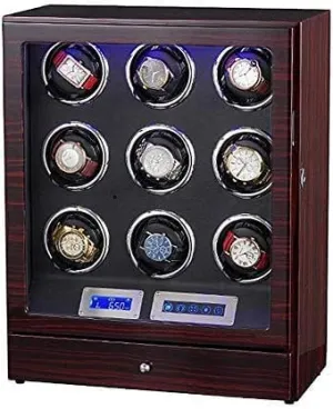 with LED Light Mechanical Watch Shaker Wooden Quad Automatic Watch Winder$ LCD emergent pulp diversify participate meteorologist Display with 5 Mode$ Storage Boxes for 9 Watches 