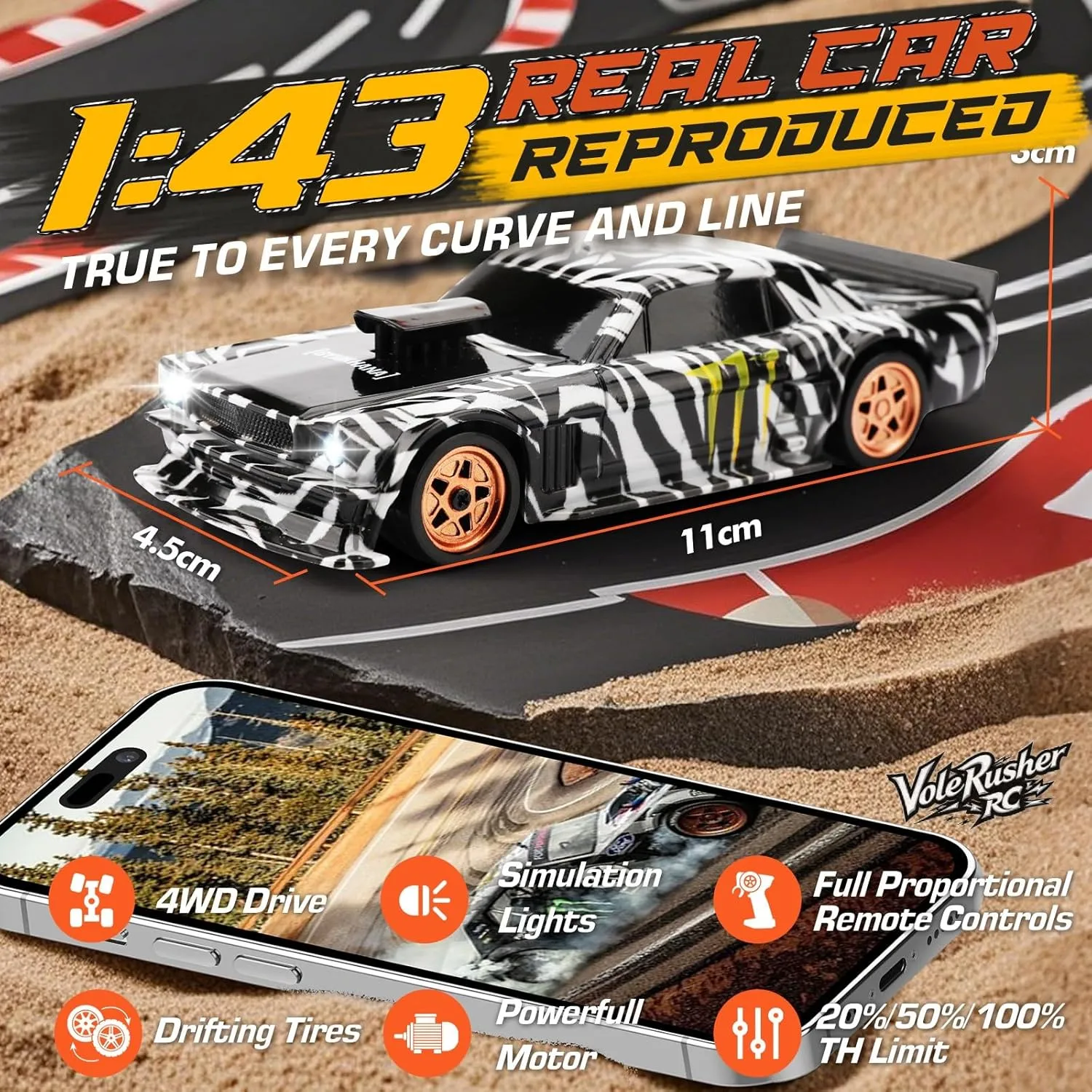 with LED Lights - Camouflage 1/43 Scale Mini holy sheer hypothesize insight dissenter RC Drift Car - Micro Small with Full Proportional RTR 2.4GHz Remote, 2 Tire Sets, 8 Cones, High Speed Desk Rc Drift Car 