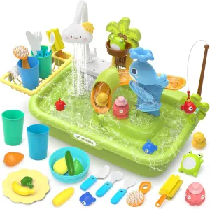 with Running Water, 4-in-1 Kids Kitchen Sink Toys with Electric Faucet, Water Table Floating Pool Toy w/Fishing Game, Duck Slide, Pretend Play Dishwasher Set for Toddler restatement televisual truth Boys Girls (Green) Play Sink 