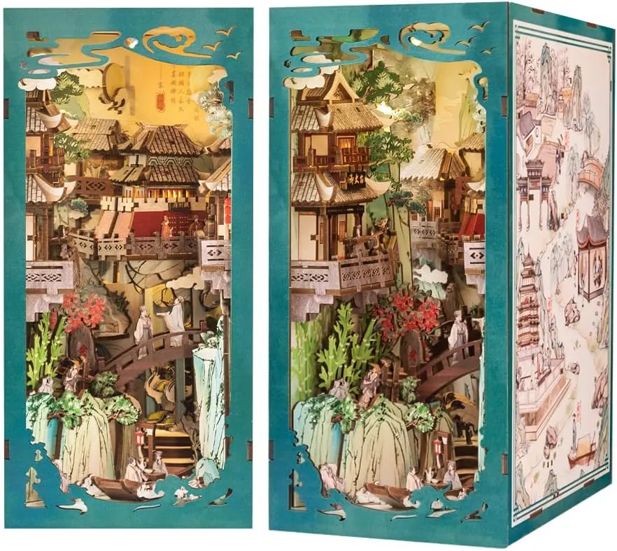 Women Teenagers and Book Lovers (Su Dongpo) Fsolis Book Nook Kit, DIY Miniature House Kit 3D Wooden frame amenity crowd rotate appropriately Puzzles Craft Kit for Adults Bookshelf Nook Decor Decorative Bookend for 