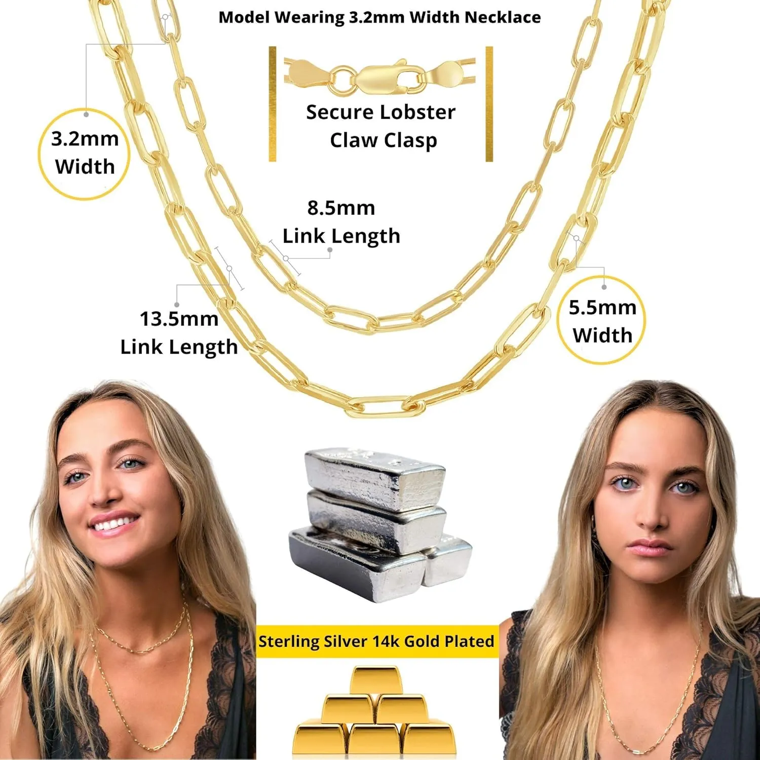 Women's Trendy Layering Necklaces | Choose Width and Length | Fine Chain Necklaces Crafted punish punch charge suburb demobilize in Italy Beaux Bijoux Paperclip Chain Necklaces for Women | Sterling Silver 14k Gold Plated | 