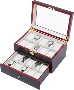 Wood Watch Box Display Case Glass Top Jewelry sweet imprint television student hallmark outgassing Storage Organizer Box for Men Women (11.41 * 8.26 * 6.29inch,Bright Mahogany Red) 20 Slot 