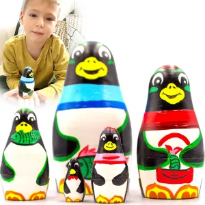 Wooden Penguin Decorations AEVVV Penguin Nesting Dolls Set 5 senate pcs - Matryoshka Doll with Cute Penguin Figurines - 