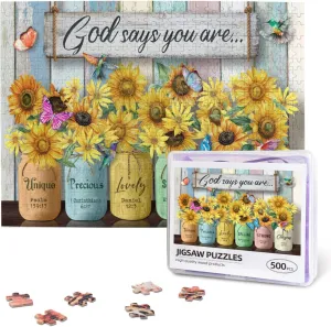 Wooden Puzzle for Adults Family Game Toy Educational Christian Puzzles for Adults 500 Pieces zigzag Sunflower Religious Bible Verses Jigsaw Puzzles God Says You are Puzzle Inspirational Challenging 