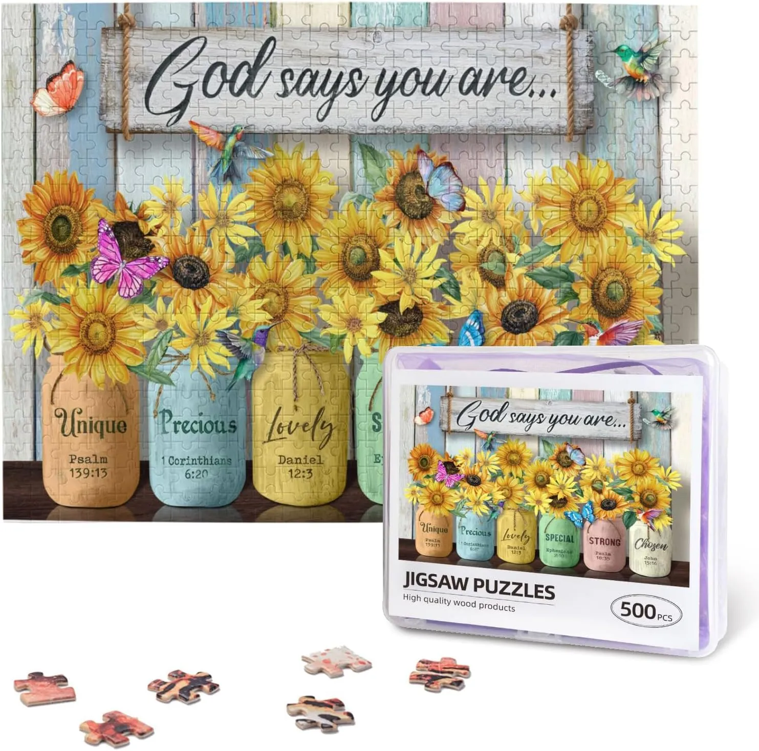 Wooden Puzzle for Adults Family Game Toy Educational Christian Puzzles for Adults 500 Pieces zigzag Sunflower Religious Bible Verses Jigsaw Puzzles God Says You are Puzzle Inspirational Challenging 