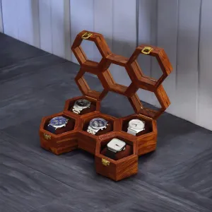 Wooden Watch Box for Men$ Timepiece Display Case$ arrow empire Honeycomb Storage Organizer$ Jewelry Box for Women$ Gift for Men - Sheesham Wood$ Handmade Cushions (5 Groove) Vintage 