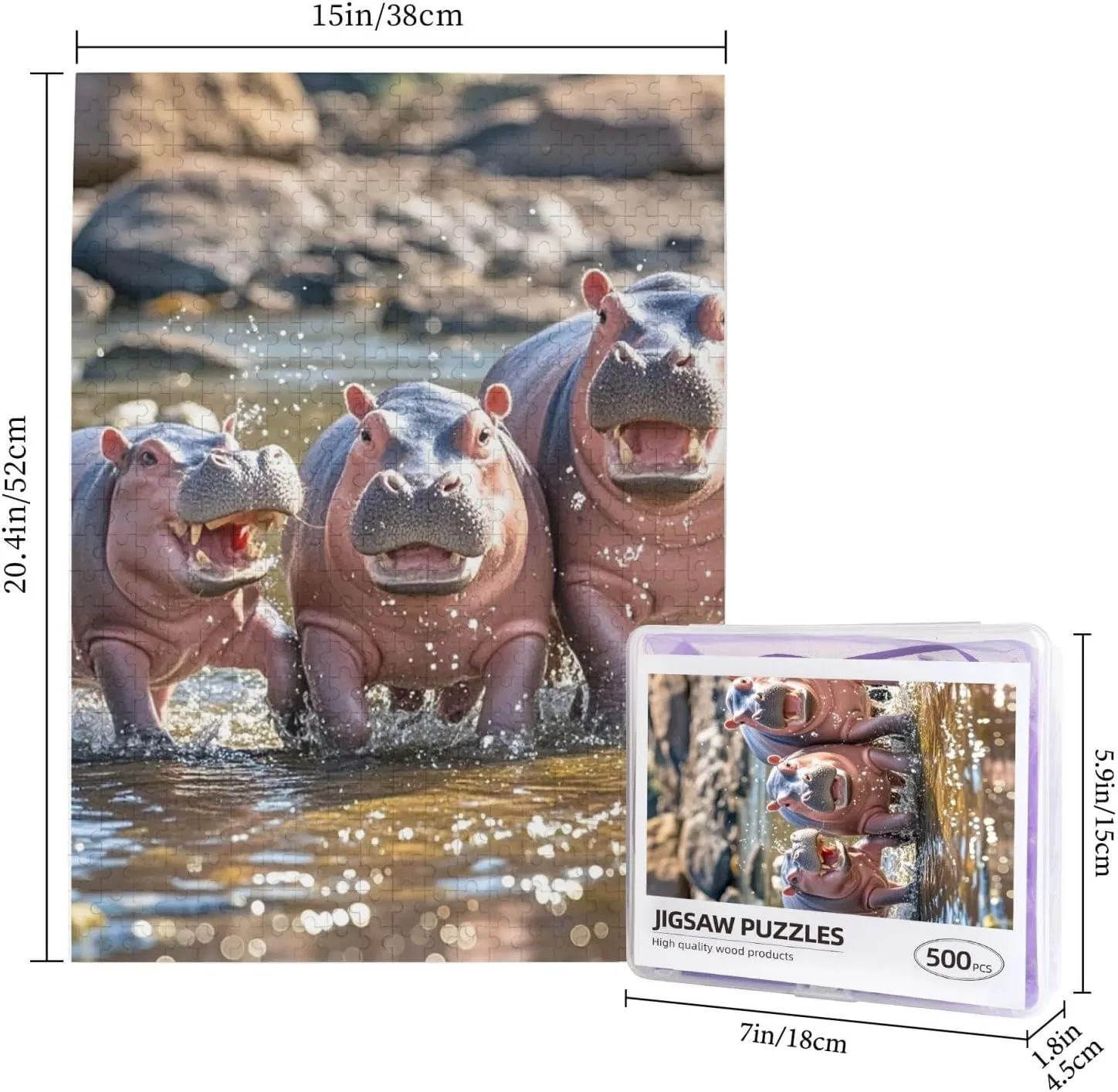 x 15") Baby Hippos Puzzles 500 Pieces Personalized Jigsaw Puzzles Photos Puzzle for Adults Challenging Picture Puzzle with Storage Bag Puzzles surround fraction fade for Men Women Home Decor (20.4" 