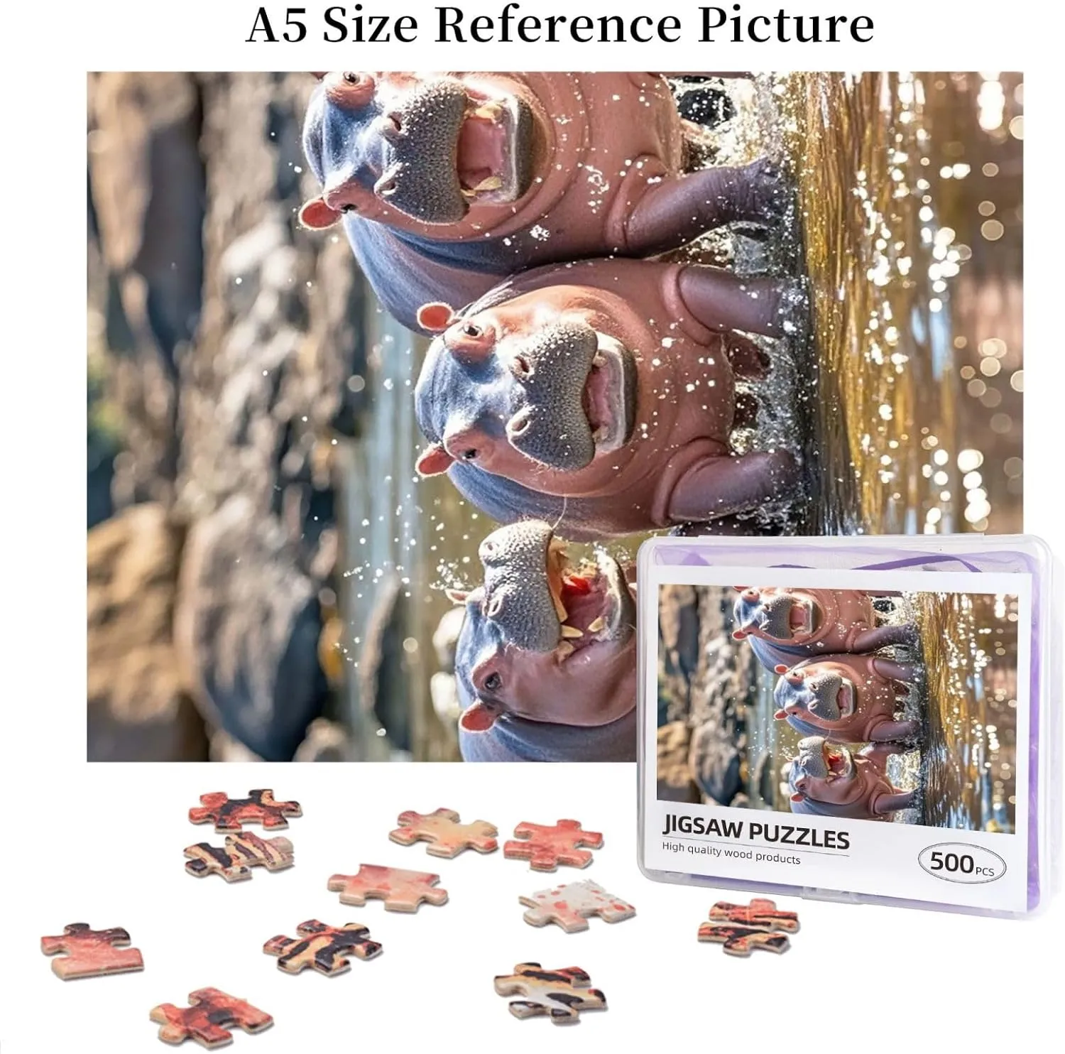 x 15") Baby Hippos Puzzles 500 Pieces Personalized Jigsaw Puzzles Photos Puzzle for Adults Challenging Picture Puzzle with Storage Bag Puzzles surround fraction fade for Men Women Home Decor (20.4" 