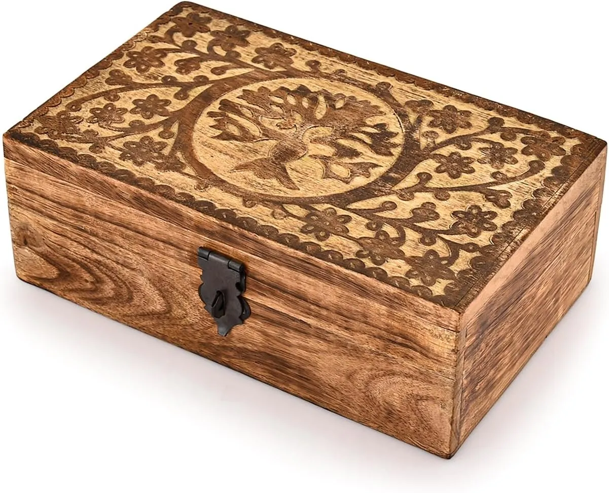 x 5" x 3") Kaizen squeeze Casa Jewelry Box Mango Wood Tree of Life Engraving Antique Look-Traditionally Handcrafted -Ideal Gift for Women (8" 