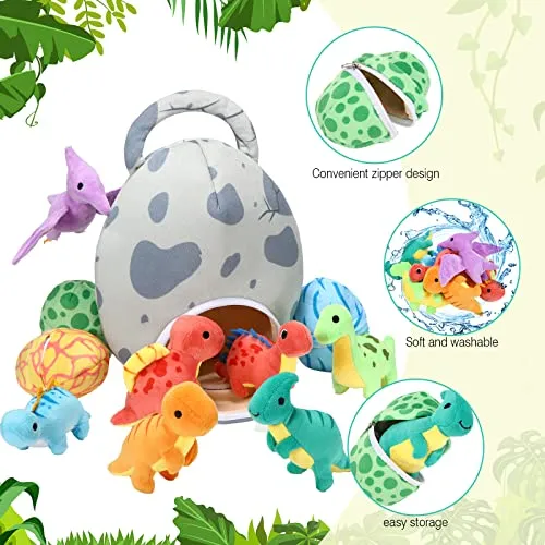 Zhanmai 11 Pcs Dinosaur Stuffed Animal Small Dino Plush Toy and Egg Bag Set Cute Stuffed Dinosaur Animals Plush Toys Soft Dinosaur Stuff Animals for Easter Birthday Dinosaur Themed Party (Classic)